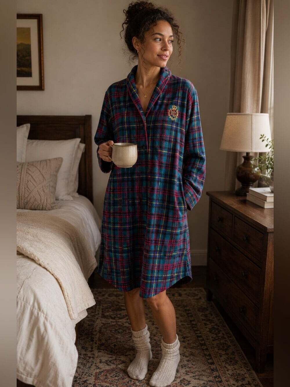 Lauren Ralph Lauren Plaid Fleece Nightshirt M Tartan Preppy Sleepwear Robe